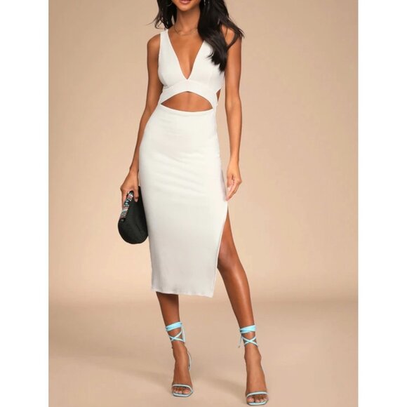 Lulus Divide and Contour White Ribbed Cutout Bodycon Midi Dress Sz Medium Womens - Picture 9 of 16